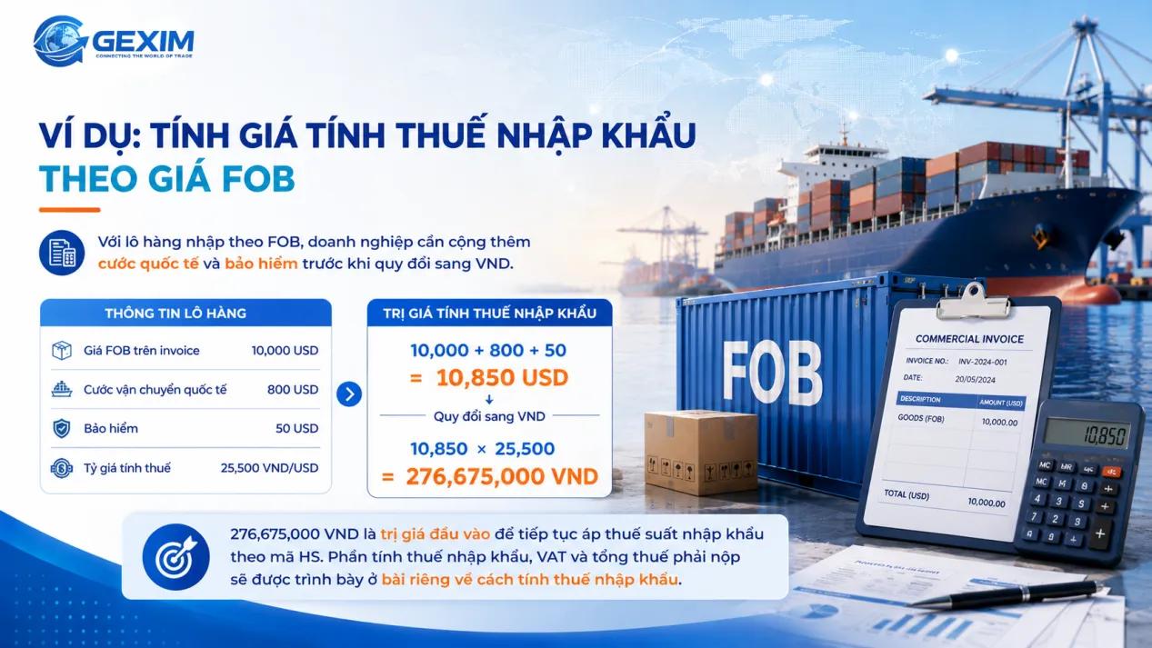 Ví dụ tính giá tính thuế nhập khẩu theo giá FOB.