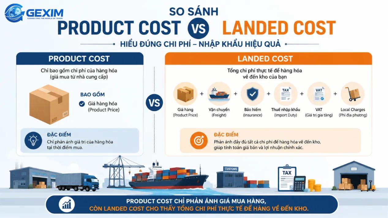 So sánh giữa product cost và landed cost trong quy trình nhập khẩu hàng hóa.