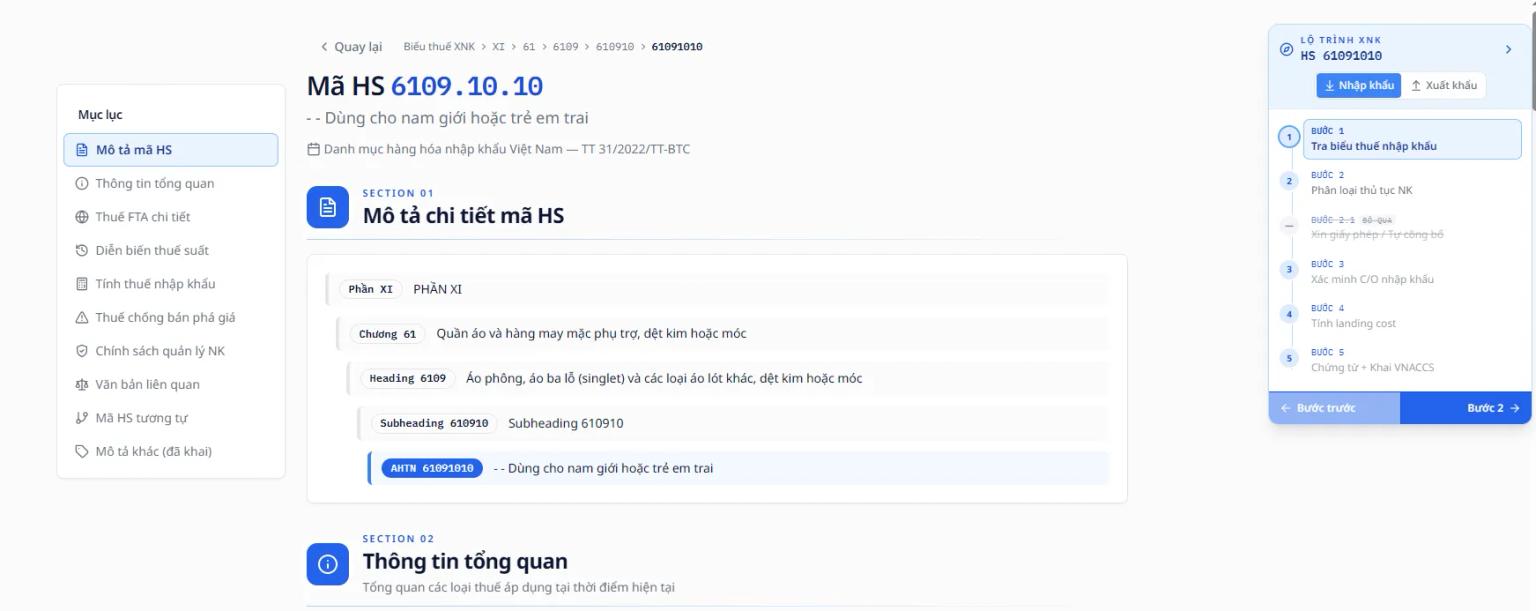 Gexim.ai hiển thị chi tiết mã HS 8 chữ số kèm thuế NK, VAT và biểu thuế FTA